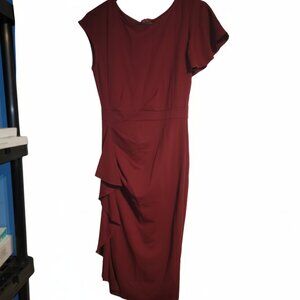 Red Elegant Burgundy Ruffle-Shoulder Midi Dress -Timeless Office-to-Evening Chic